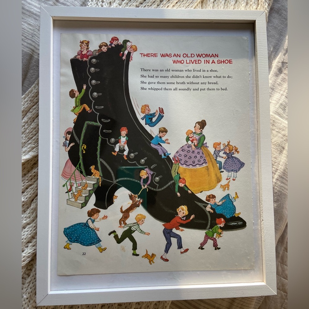 Framed Vintage book pages. Nursery rhymes.